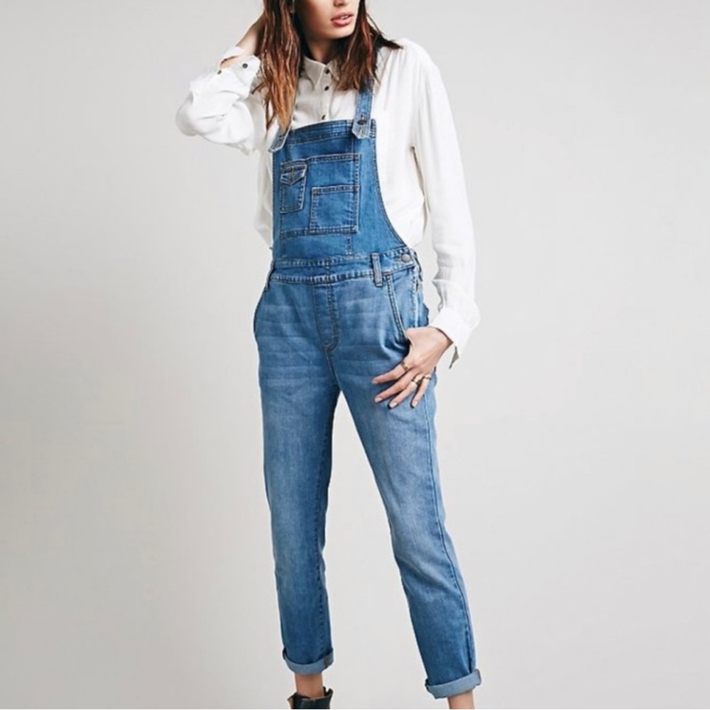 Free People Washed Denim Overalls Medium Wash 27